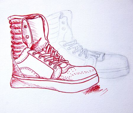 raster illustration, high sneaker, hand-drawn by a red penの写真素材