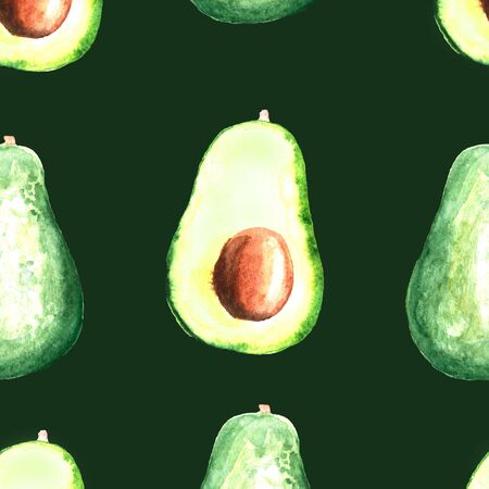 seamless pattern, freehand drawing watercolor halves and a whole avocado on a green backgroundの写真素材
