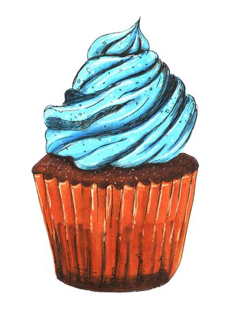 illustration, marker drawing, cupcake with blue cream sketch