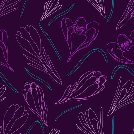 botanical seamless pattern, pink crocuses silhouettes on black background, cute bright ornamentのイラスト素材