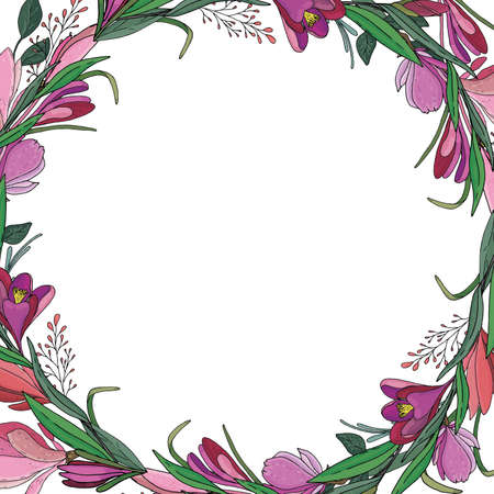 botanical round wreath of pink and purple crocuses, tulips, flowers, twigs and leaves for cards and invitationsのイラスト素材