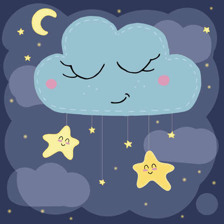 vector illustration, night sky and cloud with stars are sleeping with cute elements, kawaiiのイラスト素材