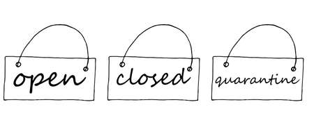 set of signage for the store - open, closed, quarantine, vector illustration in doodle style, black...