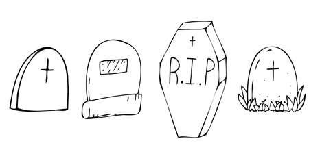 set of graves and tombstones for a cemetery, vector decorative element for Halloween celebration in doodle style, black outlineのイラスト素材