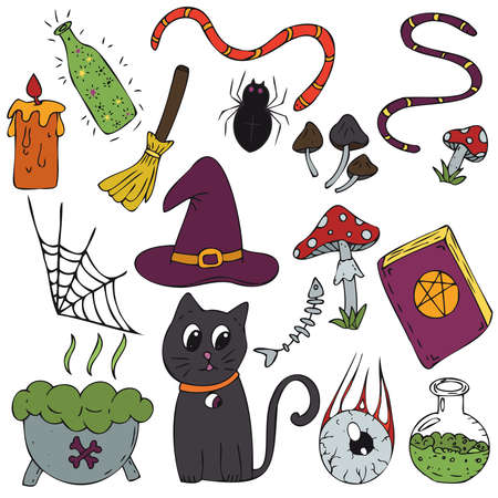 set of color doodles - hat, cat, broom, spider, fly agaric, book, vector decorative element for halloween celebration in doodle style, color illustrationのイラスト素材