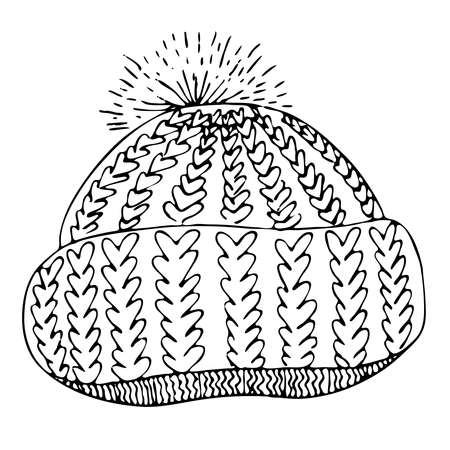warm knitted hat with a pompom, freehand drawing, doodle element, coloring book, black outlineのイラスト素材