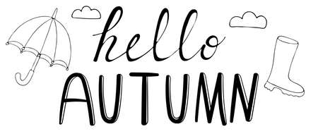 Hello Autumn, lettering with a picture - umbrella, rubber boot and clouds, freehand drawing, vector set in doodle style, coloring book, black outlineのイラスト素材