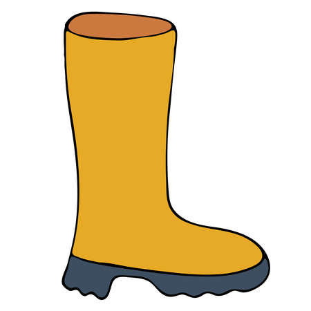 bright yellow rubber boot for autumn, freehand drawing, vector doodle element, black outlineのイラスト素材