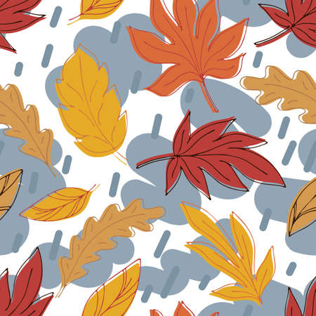yellow and orange autumn leaves in the rain on a white background in doodle style, vector seamless patternのイラスト素材