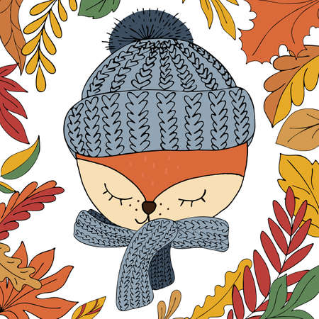 cute cartoon fox face in a warm knitted hat and scarf on a white background with autumn leaves in doodle style, vector illustration for postcardのイラスト素材