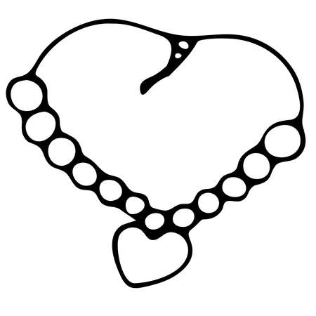 necklace for women with a heart, beads, doodle vector element with black outlineのイラスト素材