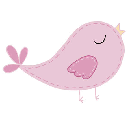cute kawaii pink bird with a ponytail singing a song, decorative element, children toy, vector element with decorative stitching seamのイラスト素材