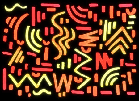 abstract geometric shapes with red, yellow and orange markers on a black background, freehand...