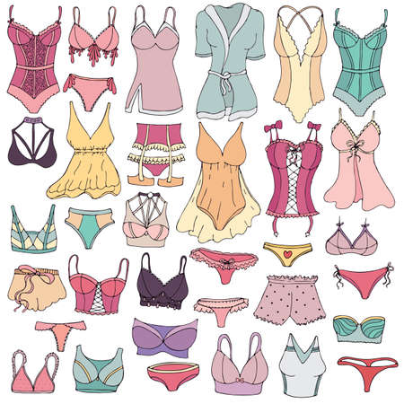 sexy underwear for woman - bra, underpants, set, peignoir, colors set of elements in doodle style with black outlineのイラスト素材