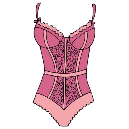 set of female sexy underwear - bra and panties, pink elements in doodle style with black outlineのイラスト素材