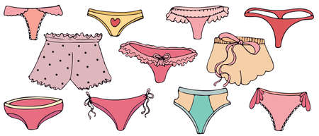 sexy underwear for woman - briefs, colors set of doodle style elements with black outlineのイラスト素材