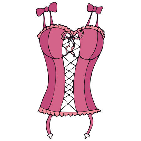 set of female sexy underwear - negligee, peignoir, pink elements in doodle style with black outlineのイラスト素材