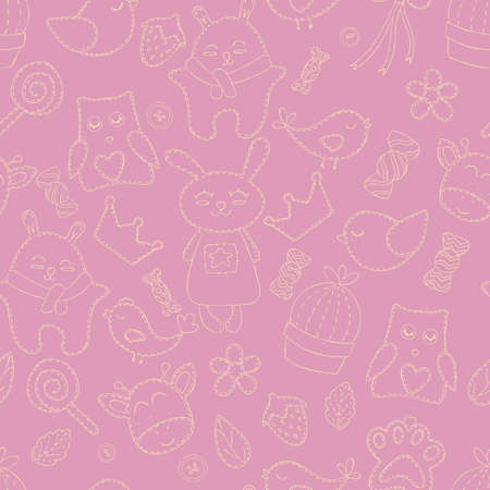 cute animal outlines - hares, birds, crown, sweets for princess, vector seamless pattern on pink backgroundのイラスト素材