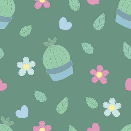 cute cactus, flowers and leaves, vector seamless pattern on a green background with heartsのイラスト素材
