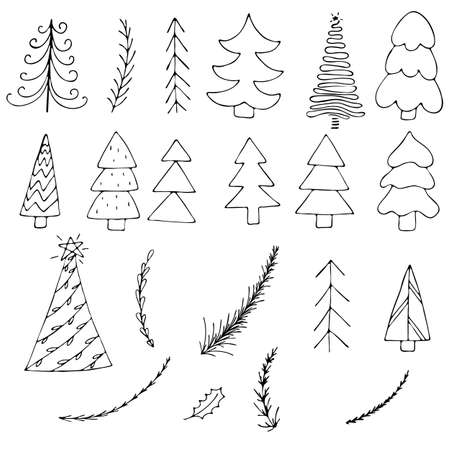 set of trees and fir branches, simple childrens drawings, cute winter doodles, coloring book, vector set of elements in doodle styleのイラスト素材