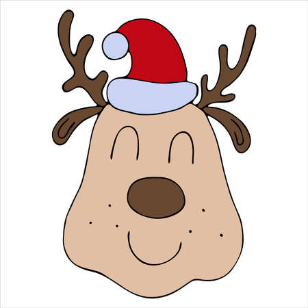 christmas deer head with red nose and santa claus hat, cute winter doodles, vector set of doodle style elementsのイラスト素材
