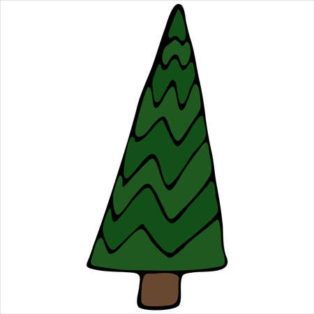 abstract decorative green tree, cute winter doodles, vector set of elements in doodle styleのイラスト素材