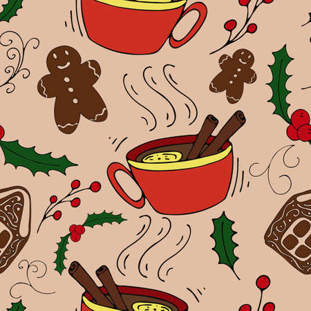 hot spicy tea with christmas gingerbread on beige background, cute picture for new year and christmas, vector seamless pattern in doodle styleのイラスト素材