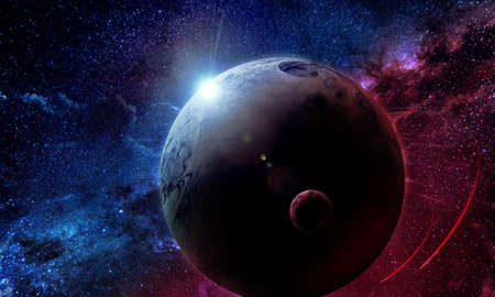 planet moon in space among the blue and red glow of stars and nebulae, abstract space 3d...