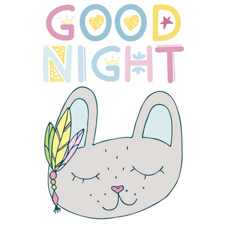 cute kawaii hare with feathers and ornaments of Indians, head with a muzzle, color vector illustration with the inscription good night, drawing for children by handのイラスト素材