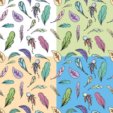 vector seamless pattern of colored feathers and leaves and decorative elementsのイラスト素材