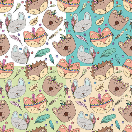 vector seamless pattern of cute faces of forest animals decorated with boho feathersのイラスト素材