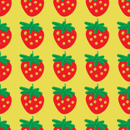 red strawberries on yellow background, bright summer vector seamless pattern, cute simple drawing...
