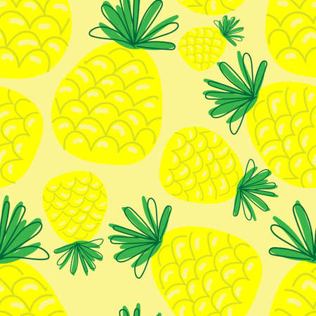 yellow pineapples on yellow background, bright summer vector seamless pattern, cute simple drawing for kidsのイラスト素材