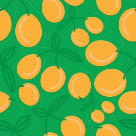 orange apricot on a branch on a green background, bright summer vector seamless pattern, cute simple...