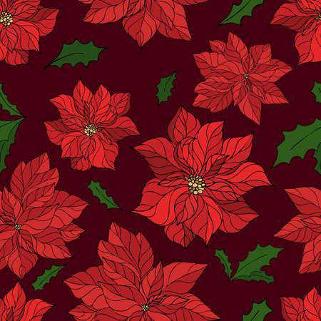 red poinsettia flowers on burgundy background, vector seamless pattern for christmasのイラスト素材