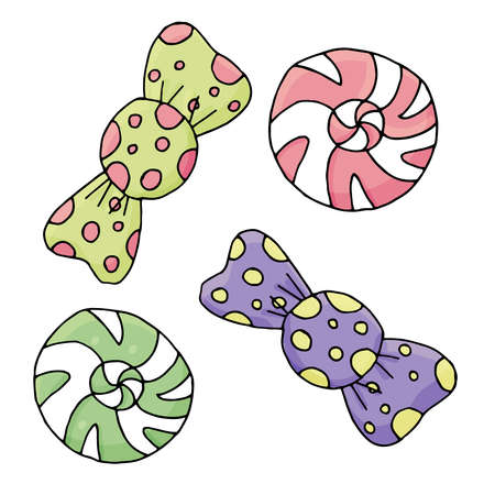 sweet candy caramels in wrapper and without, lollipops, kawaii sweets, vector, cute drawing for kidsのイラスト素材