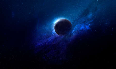 planets in space in the radiance of stars and a blue nebula, abstract space 3D illustration, 3d image, 3d rendering, background imageの写真素材