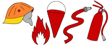 fire safety set in case of fire, doodle style vector element, black outline, colored elementsのイラスト素材