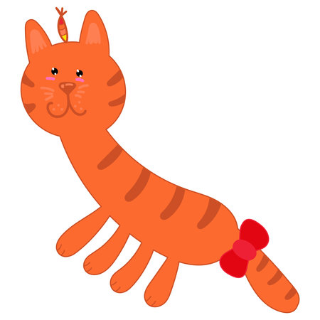 cute ginger cat with a red bow on a ponytail, vector childrens illustrationのイラスト素材