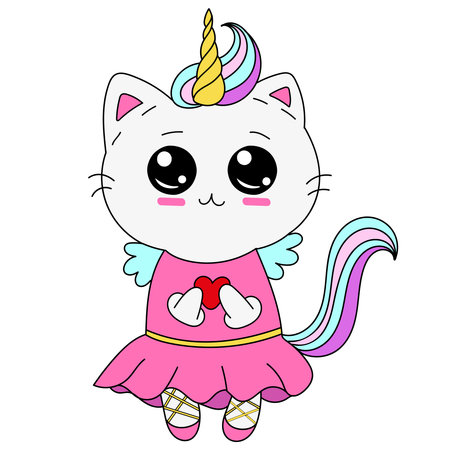cute unicorn cat with a rainbow tail in a dress and with a heart, vector children illustrationのイラスト素材