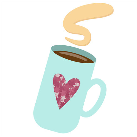 cute blue mug with aromatic hot coffee pink shiny heart vector elementのイラスト素材