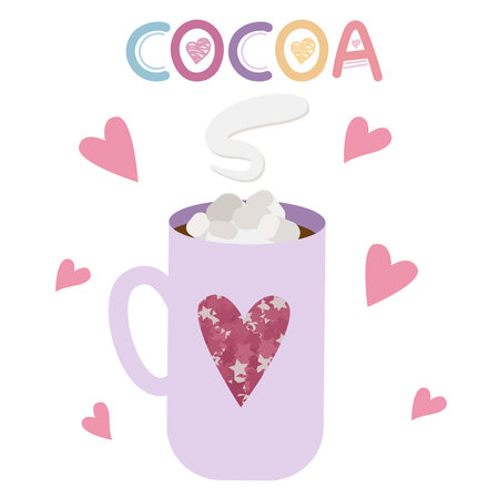 lilac mug with shiny pink heart with hot cocoa and marshmallows, cute vector greeting card, delicious drinkのイラスト素材