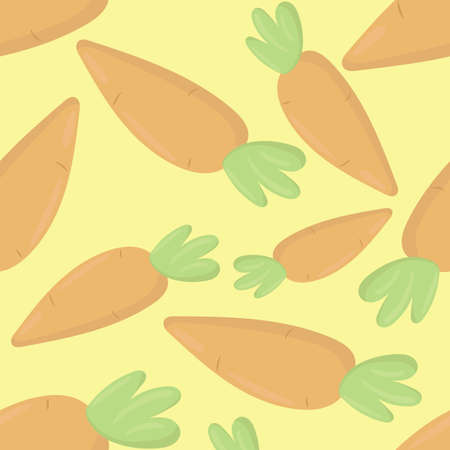 cute orange carrots on yellow background with green grass, vector seamless pattern in flat styleのイラスト素材