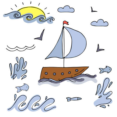 set of marine elements, waves, fish, seagulls, boat, vector set of colored doodle elements with black outlineのイラスト素材
