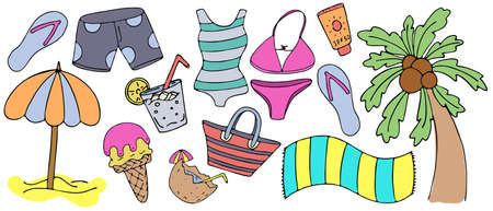 set of summer items - tree, swimsuit, inflatable circle, vector set of colored doodle elements with black outlineのイラスト素材