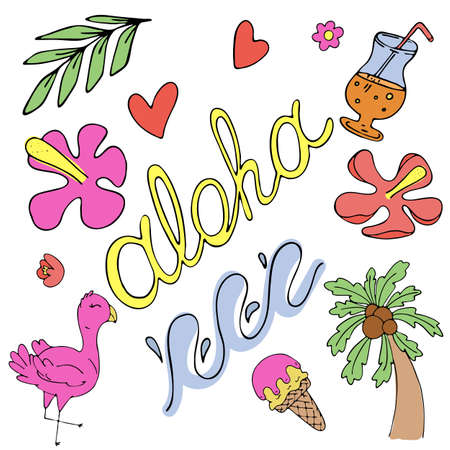 aloha, flowers, palms, waves, vector set of colored doodle elements with black outlineのイラスト素材