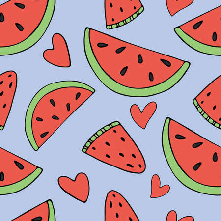 slices of red watermelon with black seeds, ripe fruit, hearts, set of green tropical green leaves,...