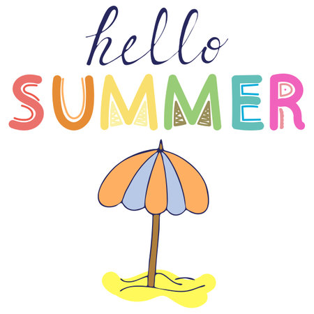 hello summer, beach parasol, vector postcard, illustration with black outlineのイラスト素材