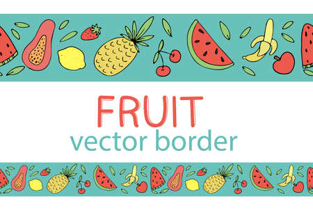 summer exotic fruits - watermelon, papaya, banana, lemon, set of green tropical leaves, vector seamless horizontal border with black outlineのイラスト素材