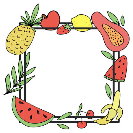 delicious summer fruits and square frame with black outline, vector frame for notebook, templateのイラスト素材